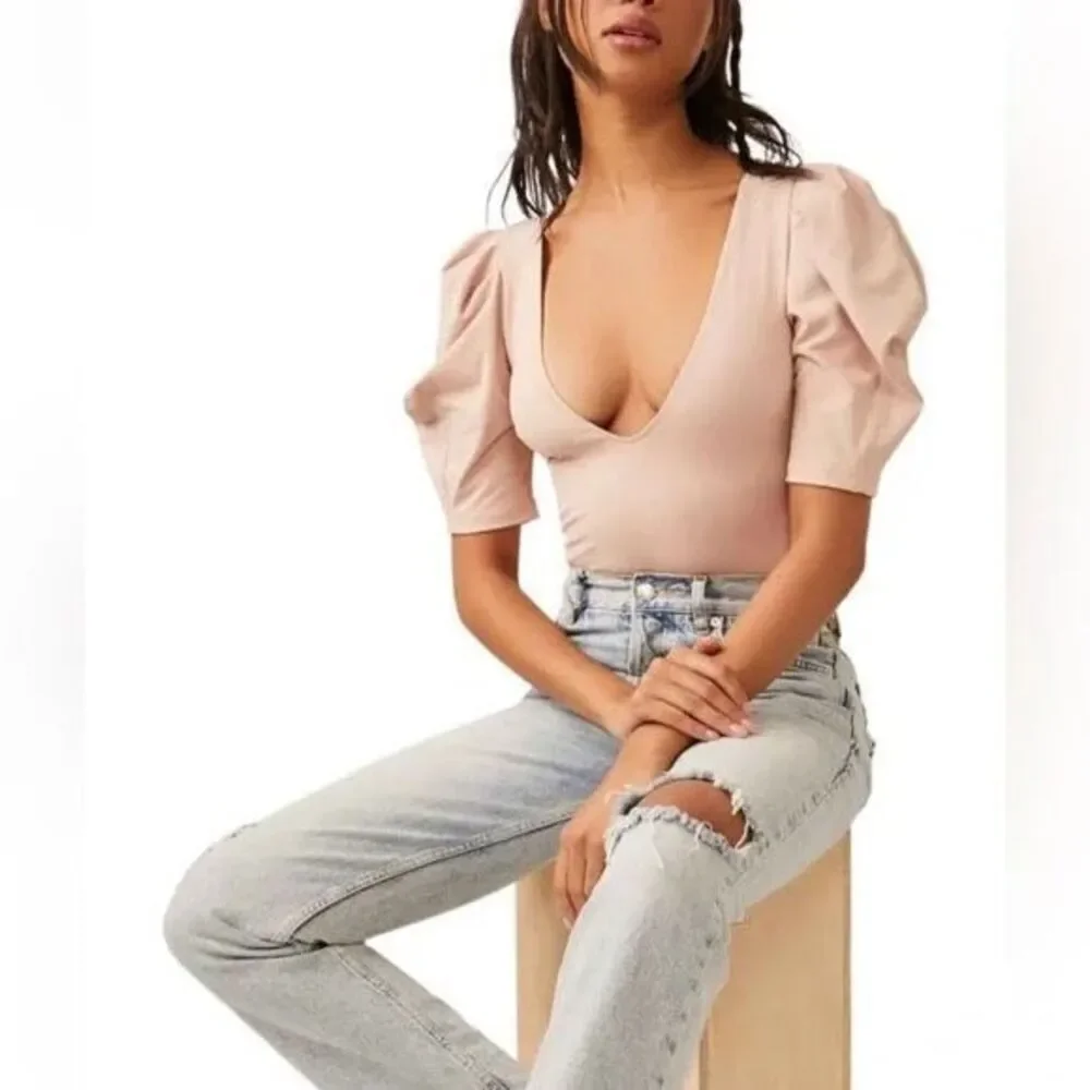 Free People Va Va Voop Puffed Sleeve Bodysuit size S